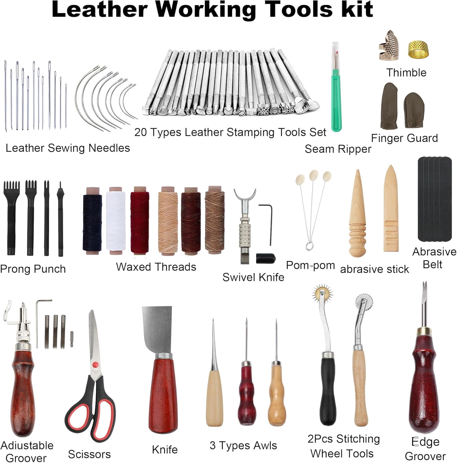 Leather Working Tools Kit with Custom Storage Bag Leather Stamping Tools Leathering Craft Making for Cutting Punching Sewing Carving Stamping