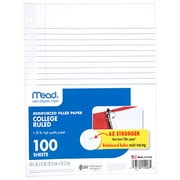 Mead Loose Leaf Paper, Filler Paper, Reinforced, College Ruled, 100 Sheets, 10-1/2" x 8", 3 Hole Punched, 1 Pack (15008)
