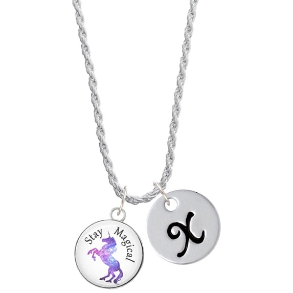 Delight Jewelry Silvertone Domed Stay Magical Unicorn Silvertone Script Initial Disc - X - Charm Necklace, 20"+3"