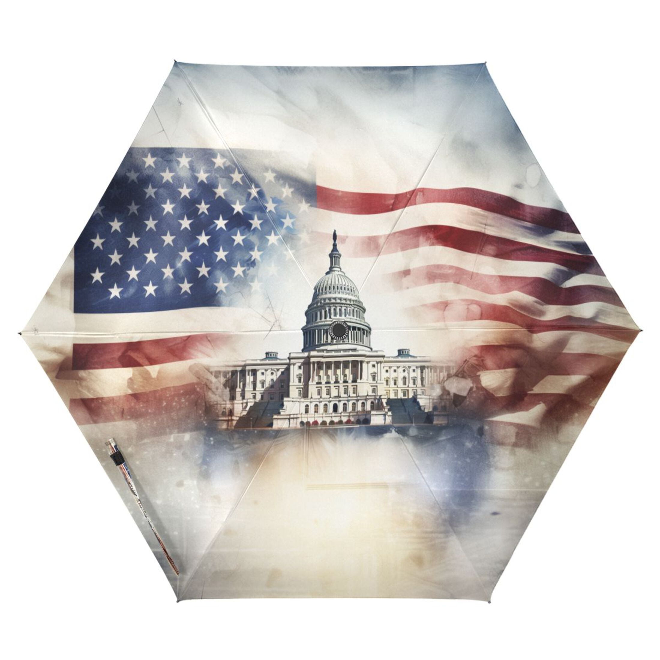White House and American Flag Compact Sun Umbrella Windproof Travel Umbrellas for Rain Strong Portable UV Protection