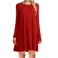 thumbnail image 2 of Elainilye Fashion Vacation Dresses for Women Casual Long Sleeve Solid Round Neck Ladies Loose Mini Dress,Red, 2 of 6