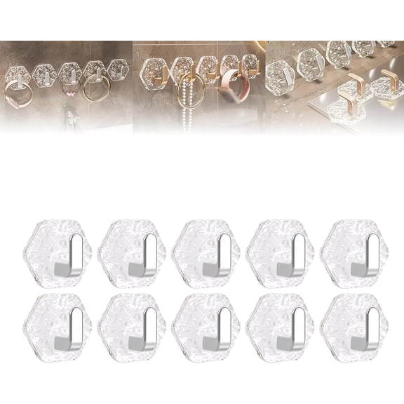 Water Ripple Hexagonal Self Adhesive Hooks, No-Drill Waterproof Wall Hooks for Bathroom Kitchen, Heavy Duty Acrylic Glacier Ripple Hook for Towels Keys & Home Decor (10pack Sliver)