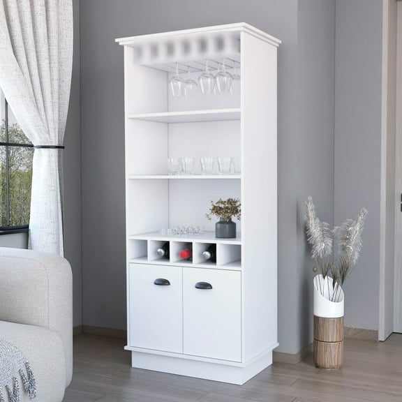 White Bar Cabinet With Functional Bottle Storage - 3 Shelves, 5 , Glassware Holder Elegant Ample Shelf Space