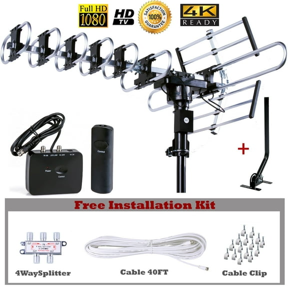 Five Star Black Outdoor 4K HDTV Antenna with 360° Rotation, Long Range Up to 300 Miles, UHF/VHF/FM Radio, Remote Control, J-Pole Included