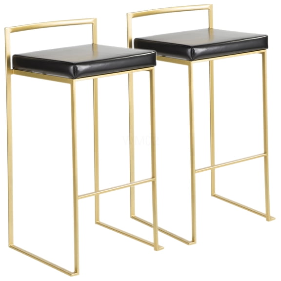 Gold and Black Faux Leather Bar Stools, Set of 2 with Upholstered Seats and Stackable Design