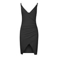 thumbnail image 4 of IROINNID Sheath Dress For Women Suspenders V-Neck Pleated Slit Hip Wrap Dress Short Solid Color Dress, 4 of 5