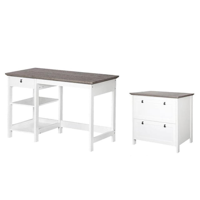 Pemberly Row Set of 2 47" Writing Desk & Lateral File Cabinet in White/Gray Oak