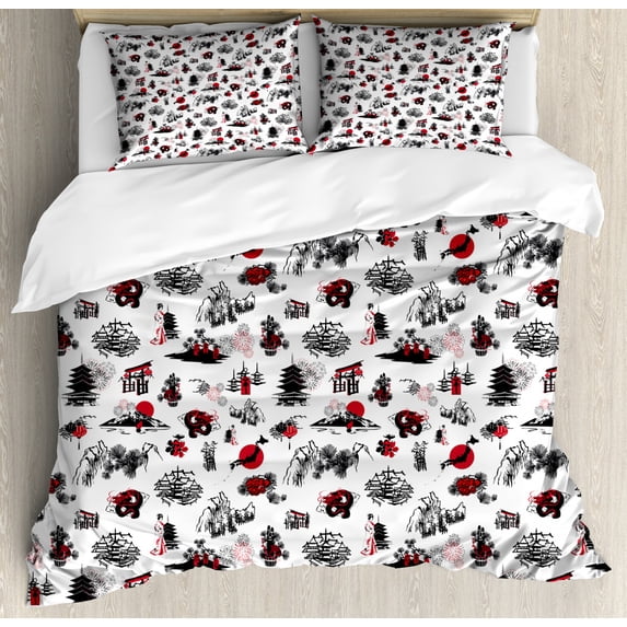 Asian Duvet Cover Set Queen Size, Japanese Architecture Towers Palaces Houses Sketchy Silhouettes Dragon, Decorative 3 Piece Bedding Set with 2 Pillow Shams, Dark Coral Black White, by Ambesonne