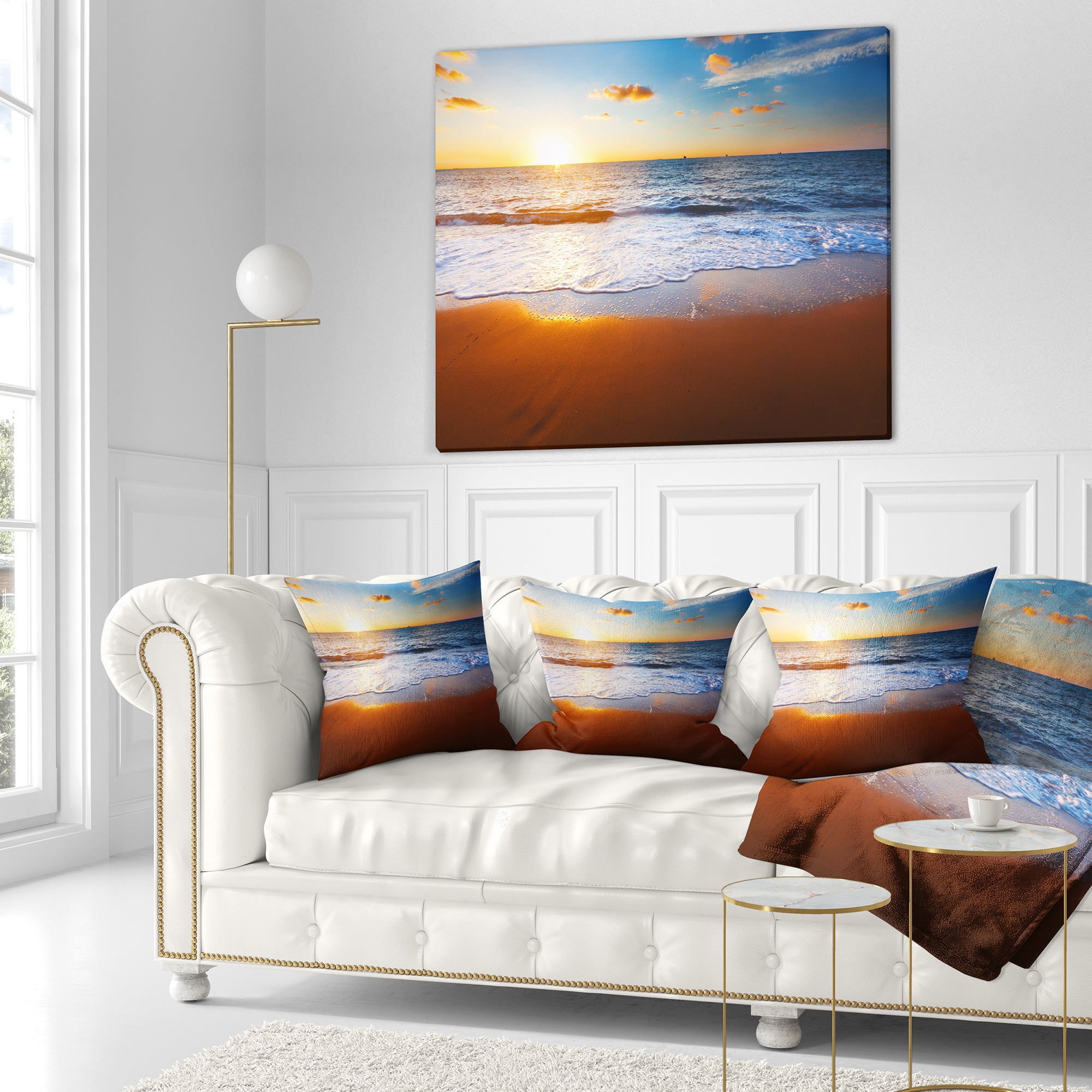 Designart Blue Sea and Sky with Sandy Beach - Seashore Throw Pillow - 16x16