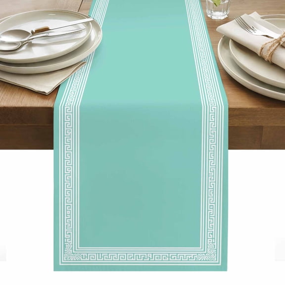 Bluish Green Greek Key Table Runner - 70 Inch Long, Kitchen Dining Table Runner Dresser Scarves, Geometric Greece Ancient Farmhouse Geo Farmhouse Decor for Coffee Tables Wedding Party Banquet