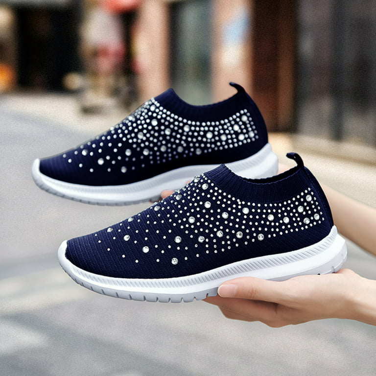 BELOS Women's Rhinestone Lace Up Loafers Shoes Comfortable Slip on Mesh Knit Walking Shoes Fashion Lightweight Sparkly Glitter Sneaker