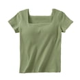 thumbnail image 4 of Aobny Women's Pajamas Tops Only Ribbed Build-in-Bra Sleep Tops Short Sleeve Square Neck Sleep Shirts for Women,Green,S, 4 of 5