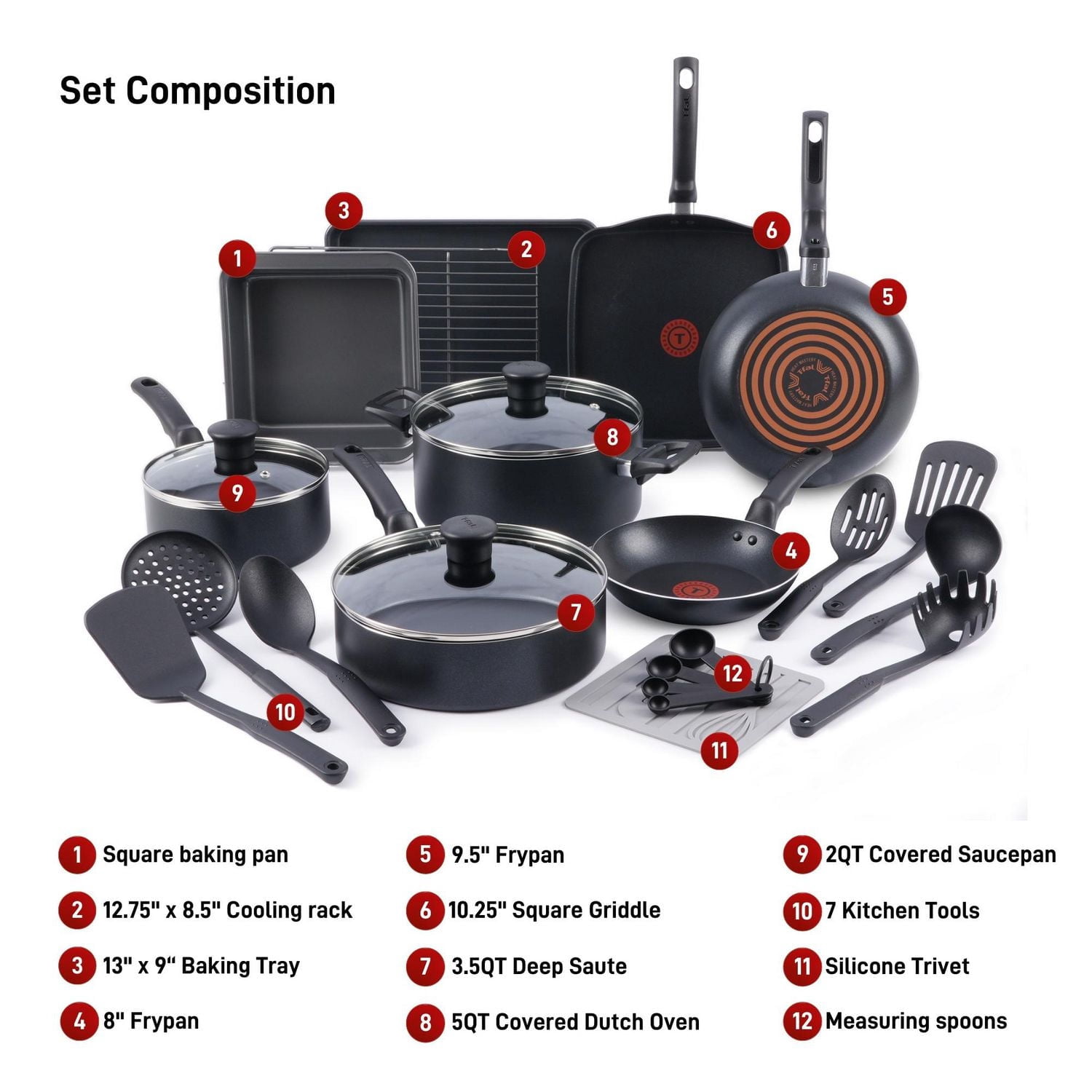 T-fal Kitchen Solutions, 21 Piece Recycled Aluminum Non-Stick Cookware Set