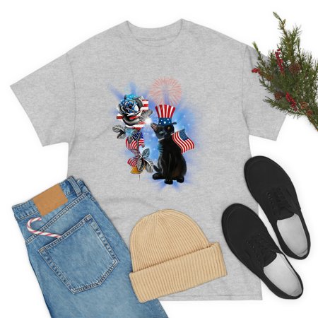 Familyloveshop LLC Black Cat and Rose American Flag Shirt, 4th of July Cat Shirt, Independence Day Patriotic Men Women shirt