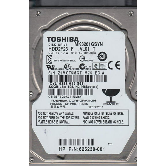 MK3261GSYN, A0/MH000C, HDD2F23 F VL01 T, Toshiba 320GB SATA 2.5 Hard Drive