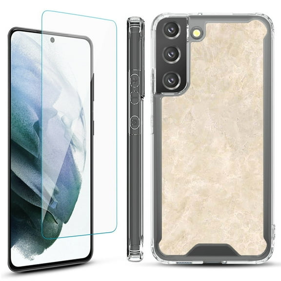 Shockproof Bumper Phone Case for Samsung Galaxy S22  / S22 Plus 5G, with Tempered Glass Screen Protector, by OneToughShield ® - Marble / Latte