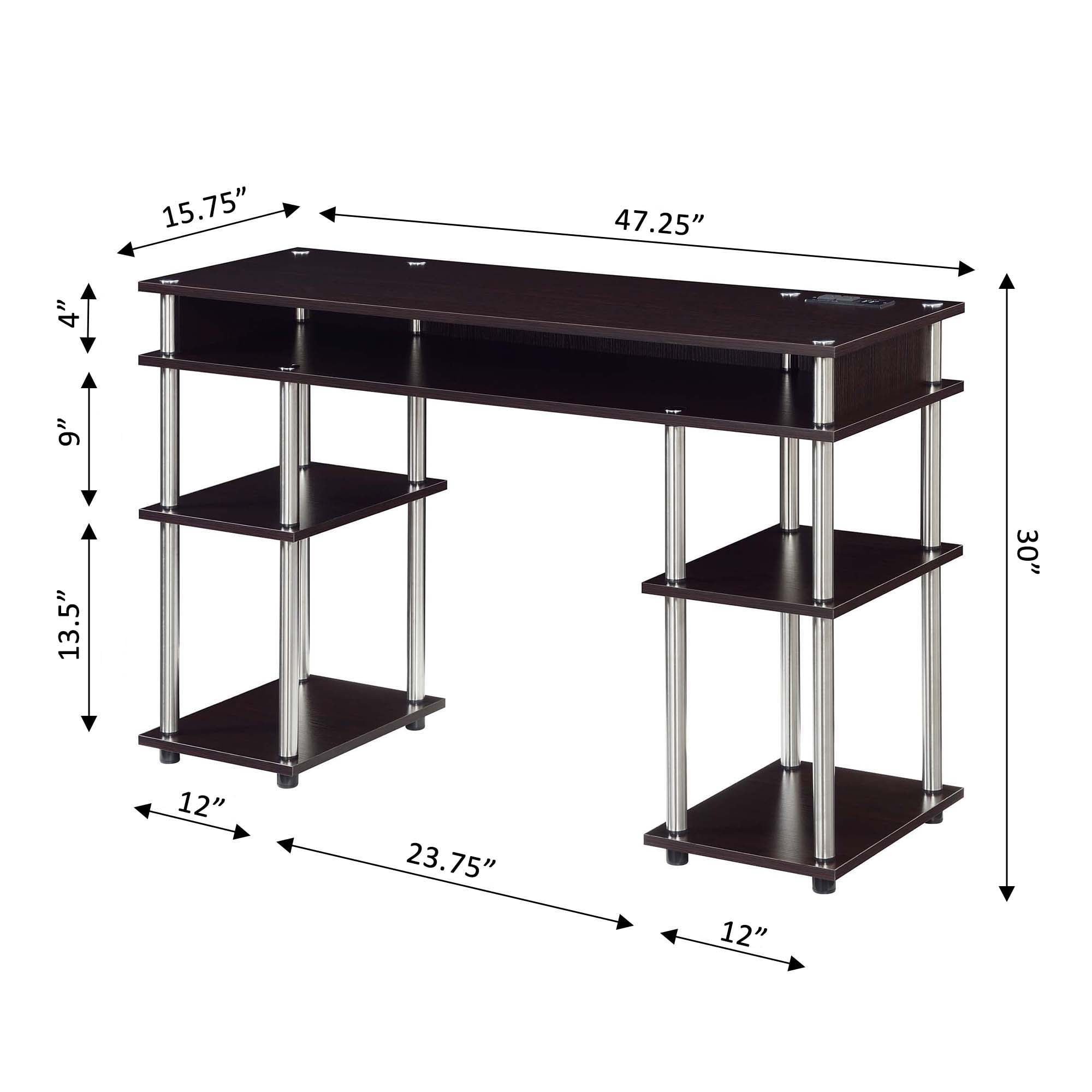 Adult, Designs2Go No Tools 30 inches Tall Student Desk with Charging Station and Shelves, Espresso
