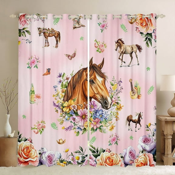 Erosebridal Farmhouse Horse Curtains Pack of 2 (38x45),Chic Botanical Flower Black Out Curtains,Western Cowgirl Style Curtains for Living Room,Microfiber Bedroom Decor