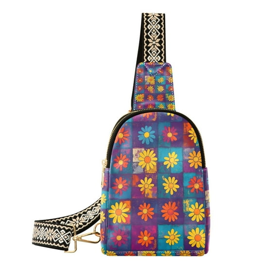 FORMRS Womens Crossbody Sling Bag Travel Daypack Shoulder Chest Backpack, Colorful Checkered Daisy