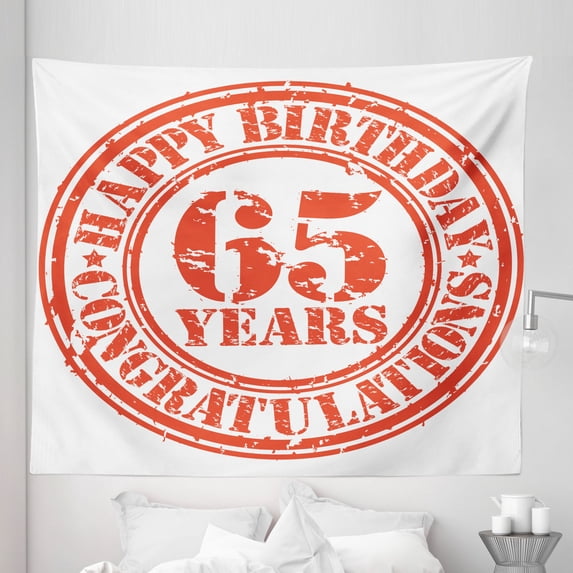 Grunge Tapestry, 65 Years Old Congrats Grunge Style Rubber Stamp Design, Fabric Wall Hanging Decor for Bedroom Living Room Dorm, 5 Sizes, Red White, by Ambesonne