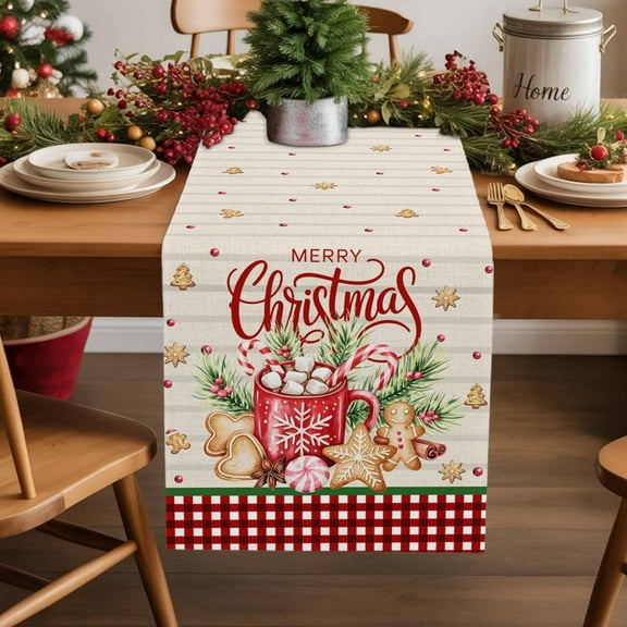 Vintage Merry Christmas Gingerbread Man Table Runner 13x60in Non-Slip Cotton Linen Table Runners, Beige Red Dresser Scarves TableRunner for Dinner Kitchen Dining Wedding Party