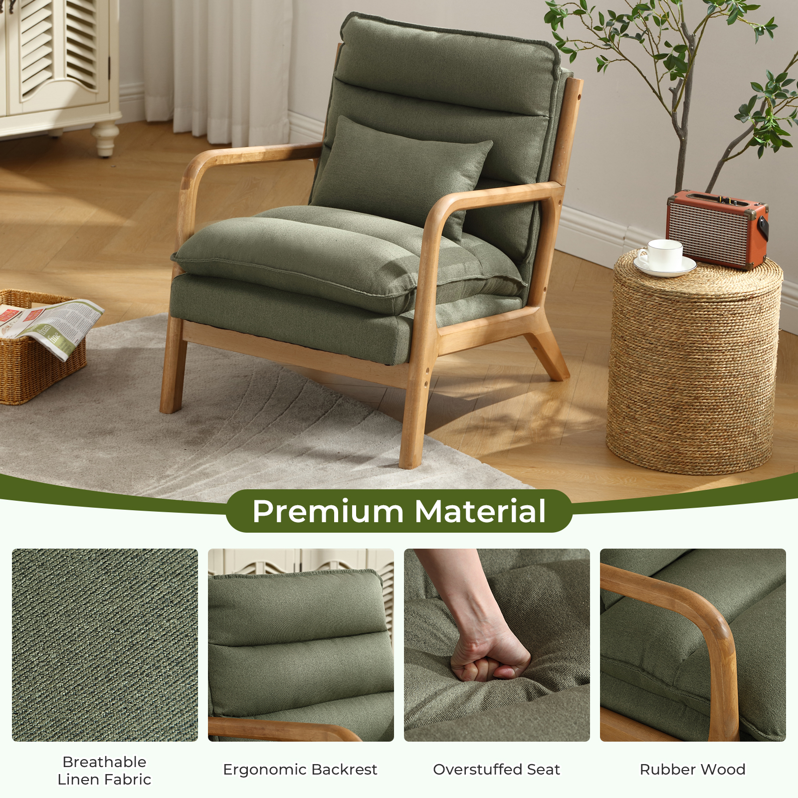 Ebello Mid Century Modern Accent Chair, Double-Padded Reading Armchair with Wood Frame & Lumbar Cushion for Living Room, Bedroom & Office, Green