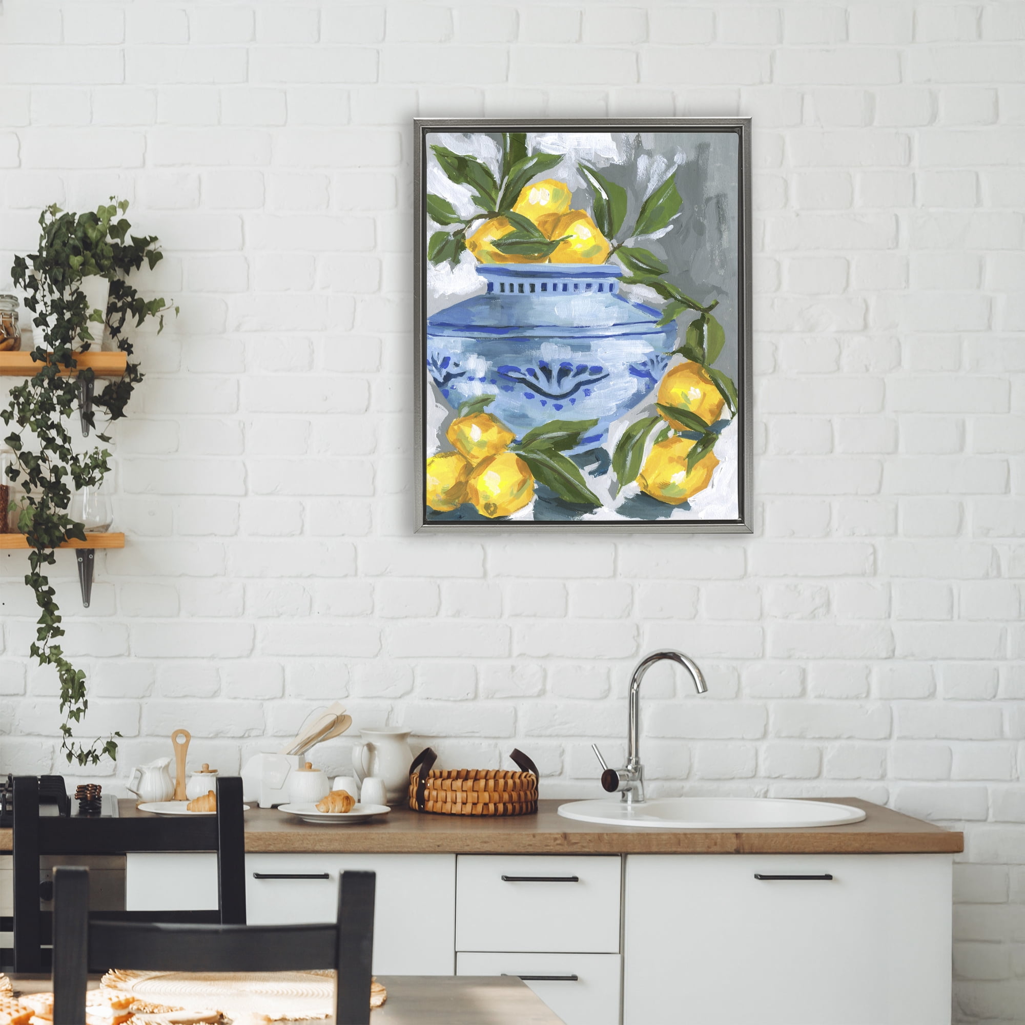 Stupell Industries Indigo & Lemon Vase Gray Framed Floater Canvas Wall Art, design by Melissa Wang