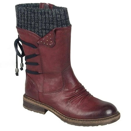 

Duretiony Women Middle Calf Boots Retro PU Leather Booties Casual PU Low Heel Winter Shoes New