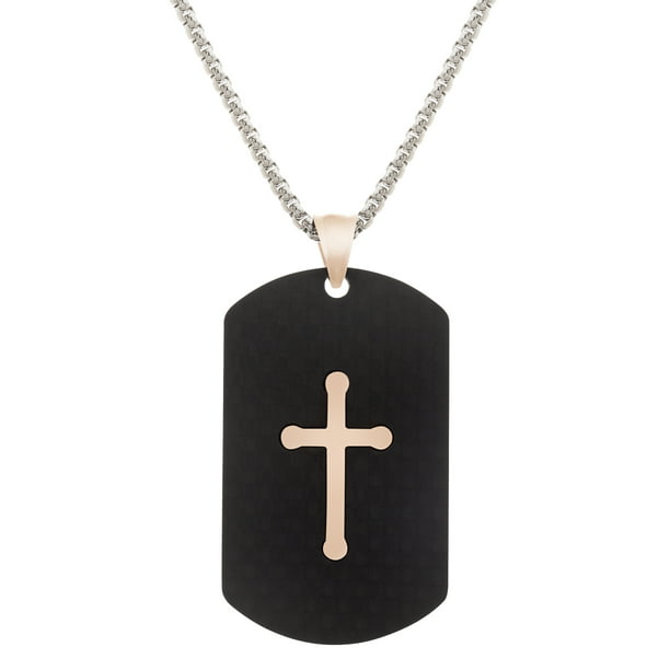 Men's 2 Tone Carbon Fiber Cross Dogtag Chain Necklace in Stainless ...