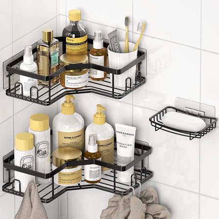 3-Pack Corner Shower Caddy, Shower Organizer with Soap Holder, Bathroom Shower Shelves Storage Rack Accessories, Easy Install / Corner Design, Black