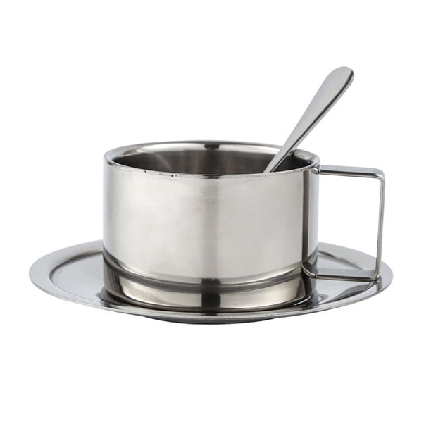 Juego de taza de café de acero inoxidable con plato y cuchara, taza de café reutilizable, taza de leche Juego de 200ML