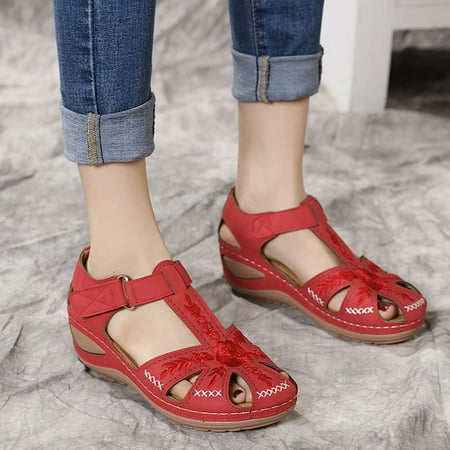 

YOTAMI Women s Comfortable Sandals Ankle Hollow Round Toe Soft Sole Shoes Red 10