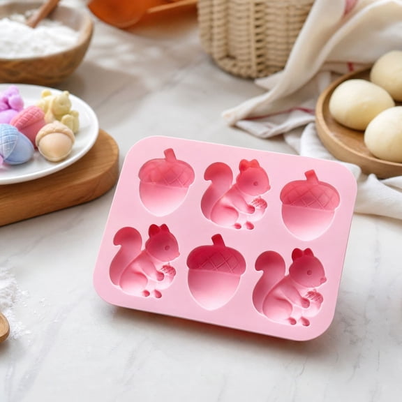Squirrel Acorn Silicone Baking Mold 6-Cavity 16.4x12.8cm, Fall Theme Cake Chocolate Candy Pan, Non-Stick Oven Safe for Muffin Dessert