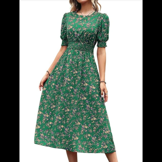 Vestidos Florales de para Mujer, Estilo Bohemio, Informal, de Verano, con Mangas Abullonadas, Estilo Occidental Verde XL