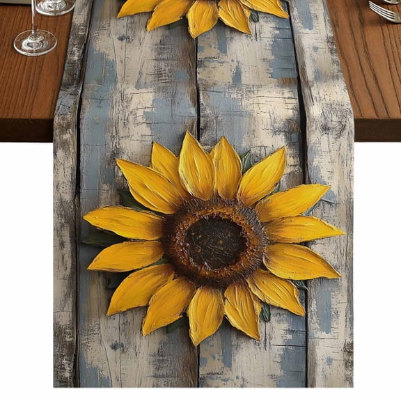 Retro Sunflower 60 Inch Table Runner, Summer Farmhouse Botanical Wood Floral Farmhouse Dresser Scarf Cotton & Linen Tablerunner for Dining/Kitchen Island/Holiday Party Décor 13" x 60"