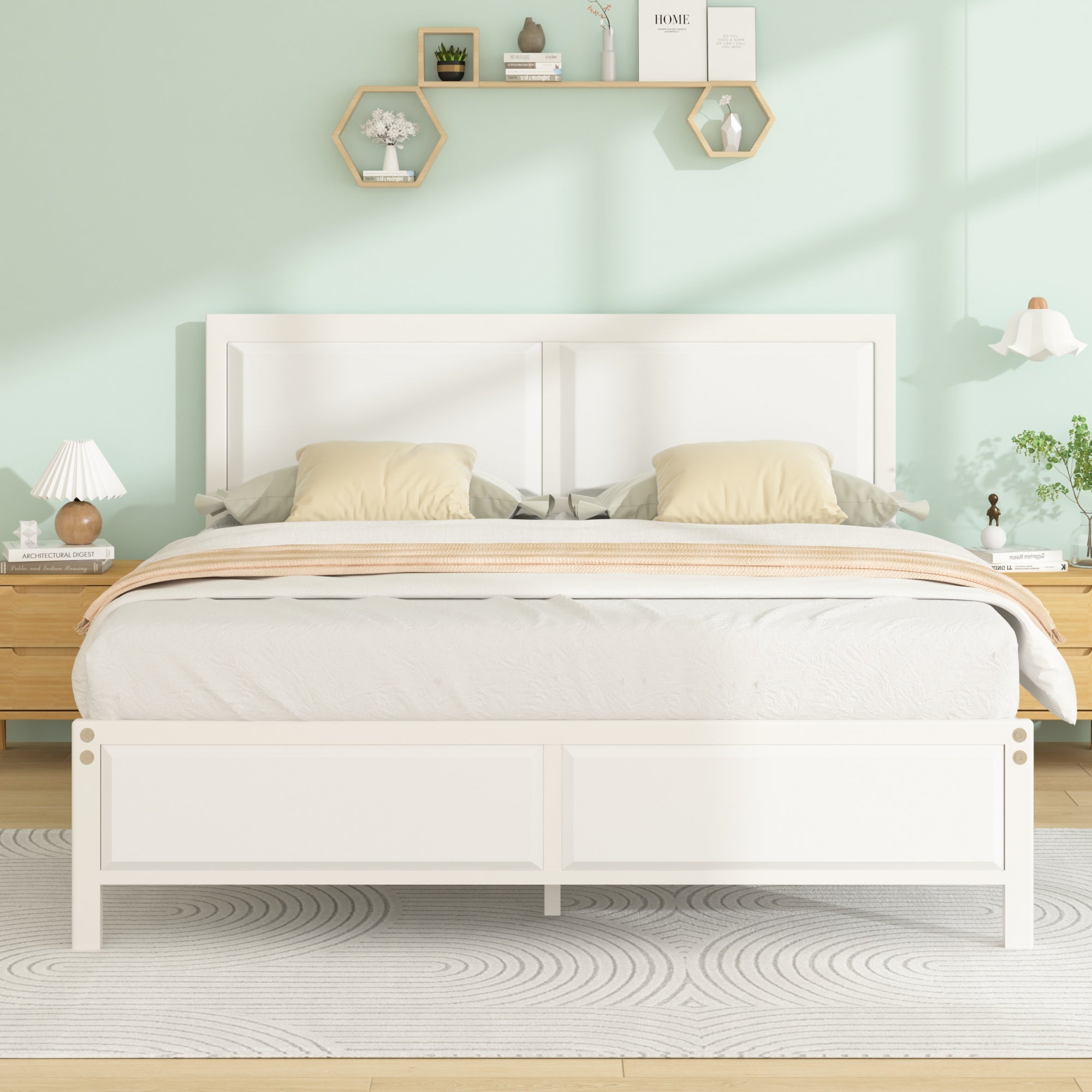 VECELO Full Metal Platform Bed Frame with Wooden Headboard, Heavy Duty Slat Support, No Box Spring Needed, White