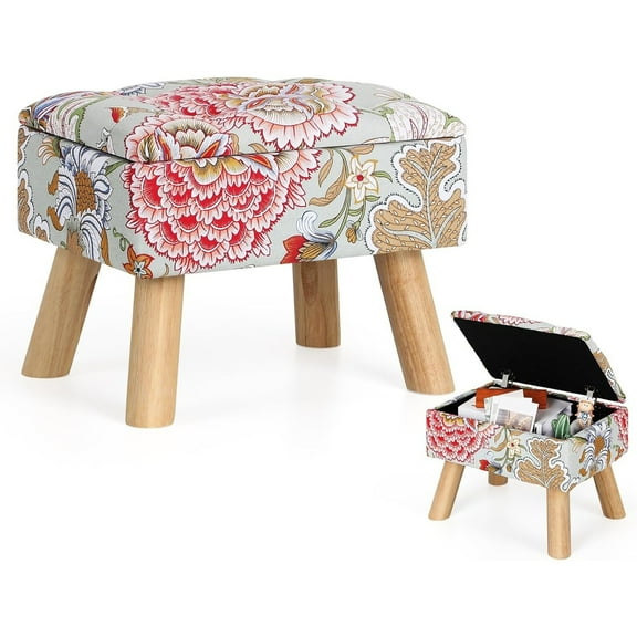 Square Ottoman with Storage, Versatile Foot Stool with Hidden Compartment, Boho Foot Stool Ottoman with Hidden Storage,Cotton Fabric Footrest with Solid Wood Legs for Living Room, Bedroom, Entryway