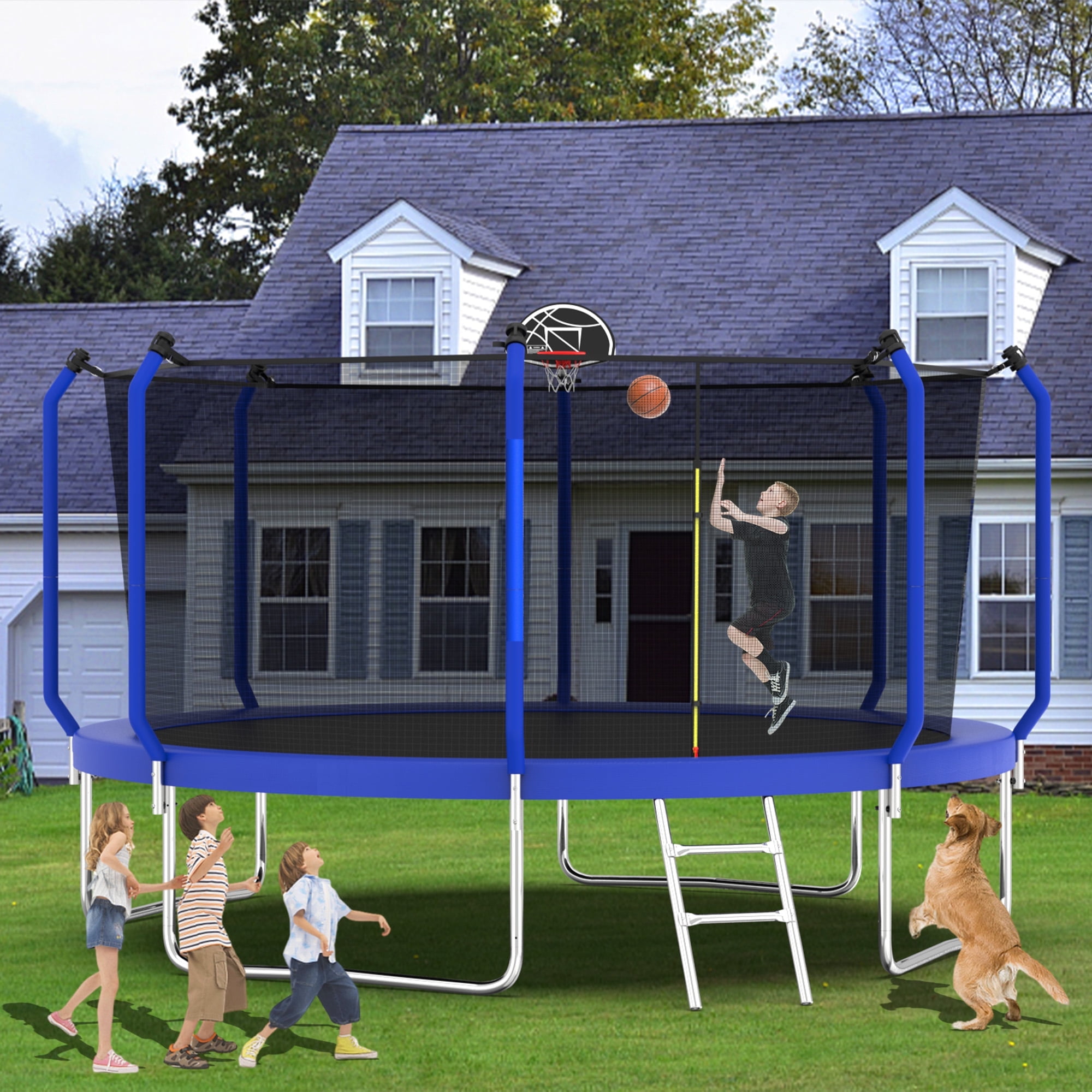 Aukfa 12 FT Trampoline with Safety Enclosure, Basketball Hoop & Ladder, Heavy-Duty Outdoor Jumper for Kids & Adults, Blue