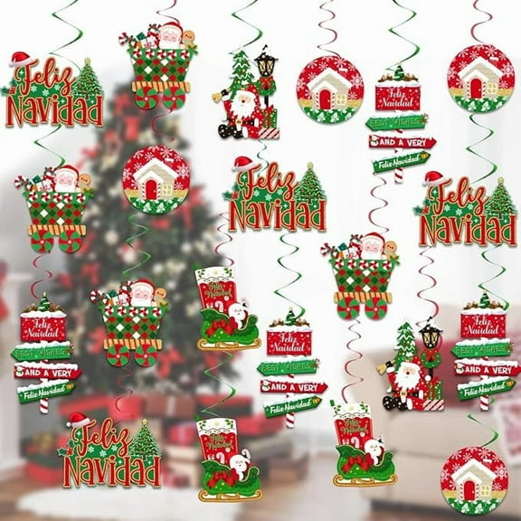 24 Pieces Christmas Hanging Swirl Decorations, Santa Snowflake Feliz Navidad Hanging Swirls Ceiling favors for Indoor Outdoor Happy Christmas Holiday Winter Party Decor