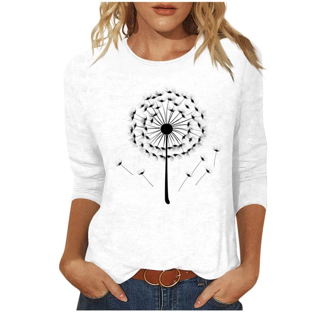 Tops de Cuello Redondo para las Mujeres Moda Impresa 3/4 Mangas Blusa Casual Top, Estante de Imitación