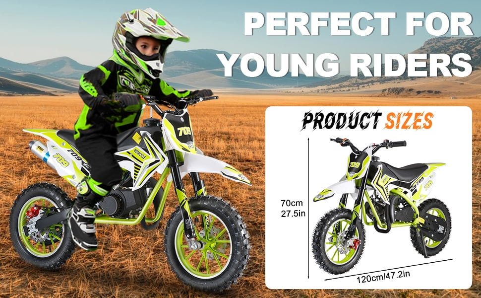 Kids Gas Motorcycle - 49cc Mini Bike with Front & Rear Disc Brakes, Wear-Resistant Tires & Ergonomic Handle for Off-Road Fun (Cool Green)