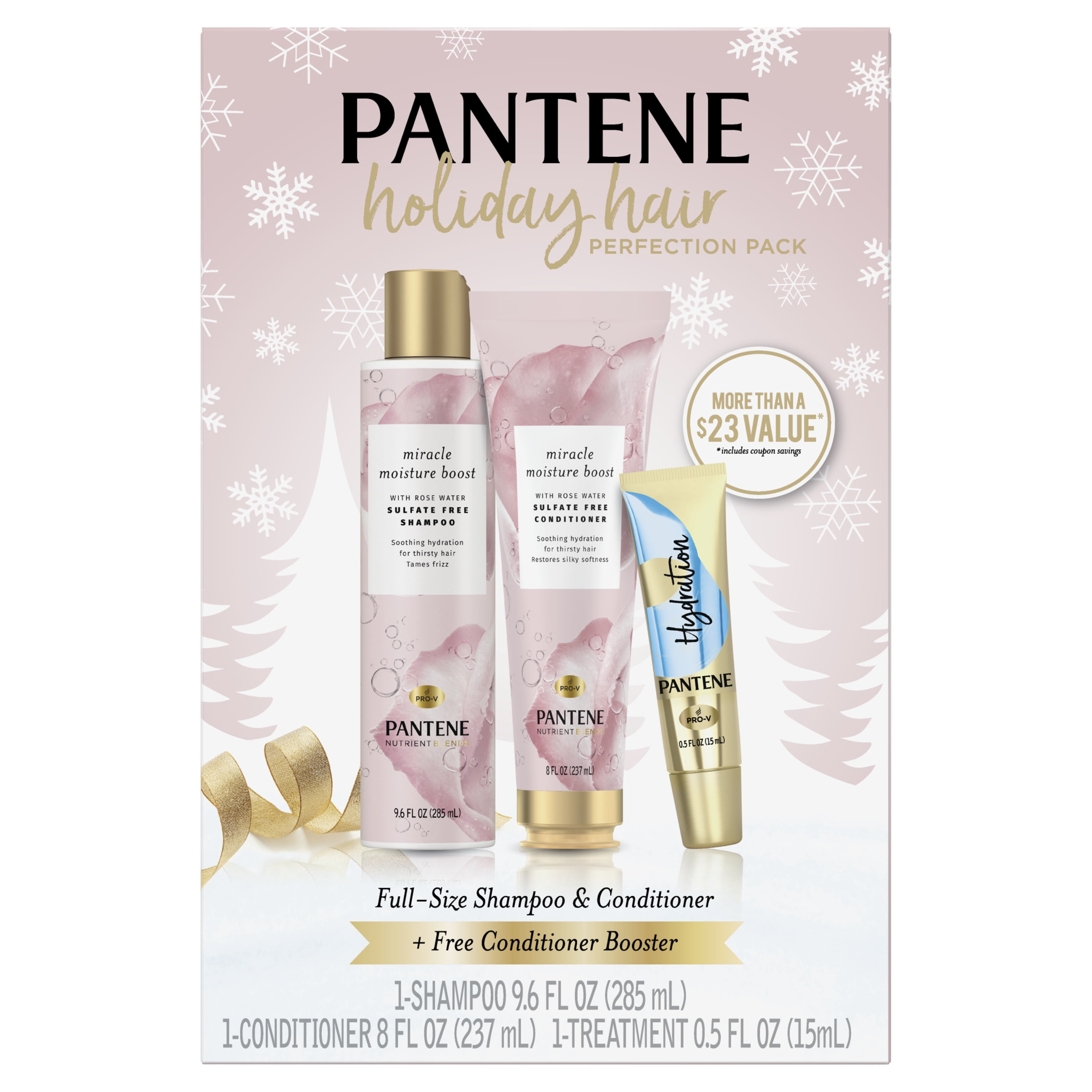 ($23 VALUE) Pantene Sulfate Free Shampoo and Conditioner Set, Plus Hydrating Booster Mix-In, Rose water, 0.5-9.6oz 3ct