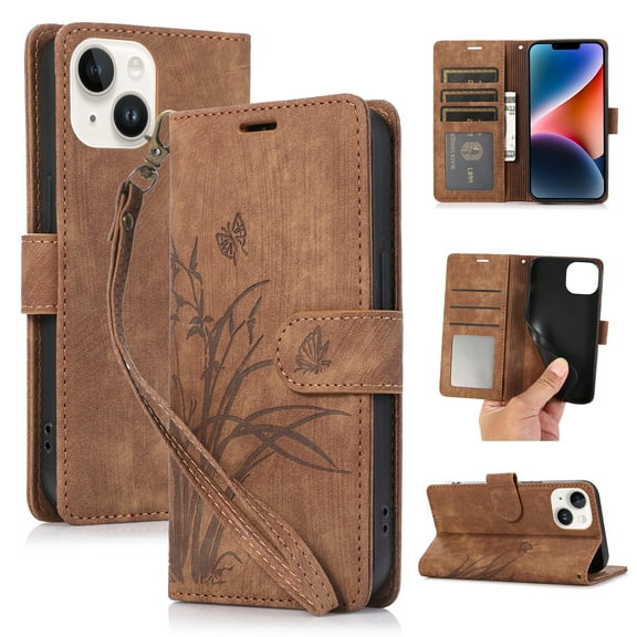 Flower&Butterfly Pattern Wallet Case for iPhone 15 Plus,Dteck Magnetic Leather Case Shockproof Rubber Kickstand Full Body Protective Cover with Wrist Strap,Brown