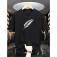thumbnail image 2 of Literary and Fresh Style: Exquisite Feather Pattern Print White Casual Short Sleeve T-Shirt, 2 of 5