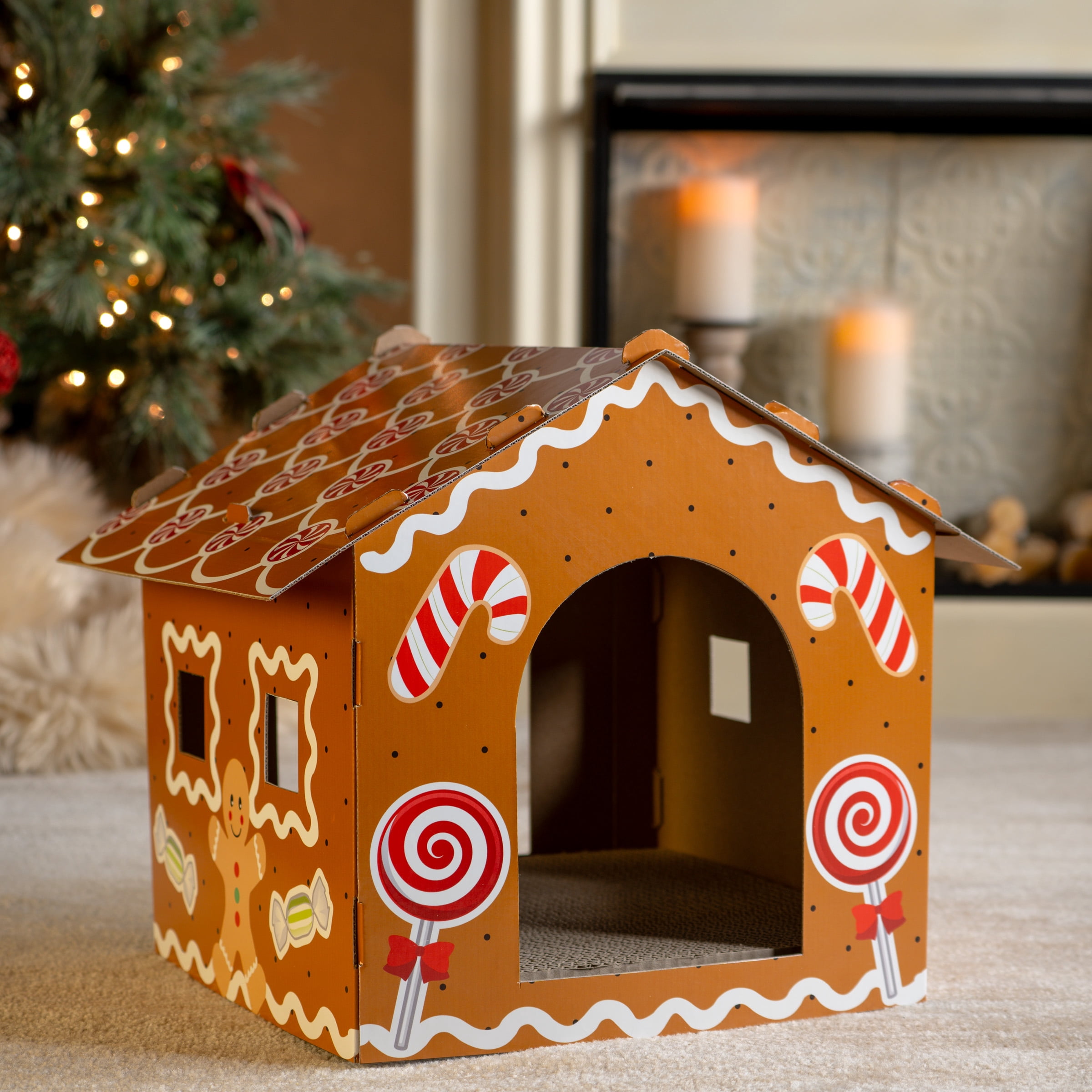 Kitty City Christmas Gingerbread Cardboard Cat House with Corrugate Scratching Pad, Brown, One Size