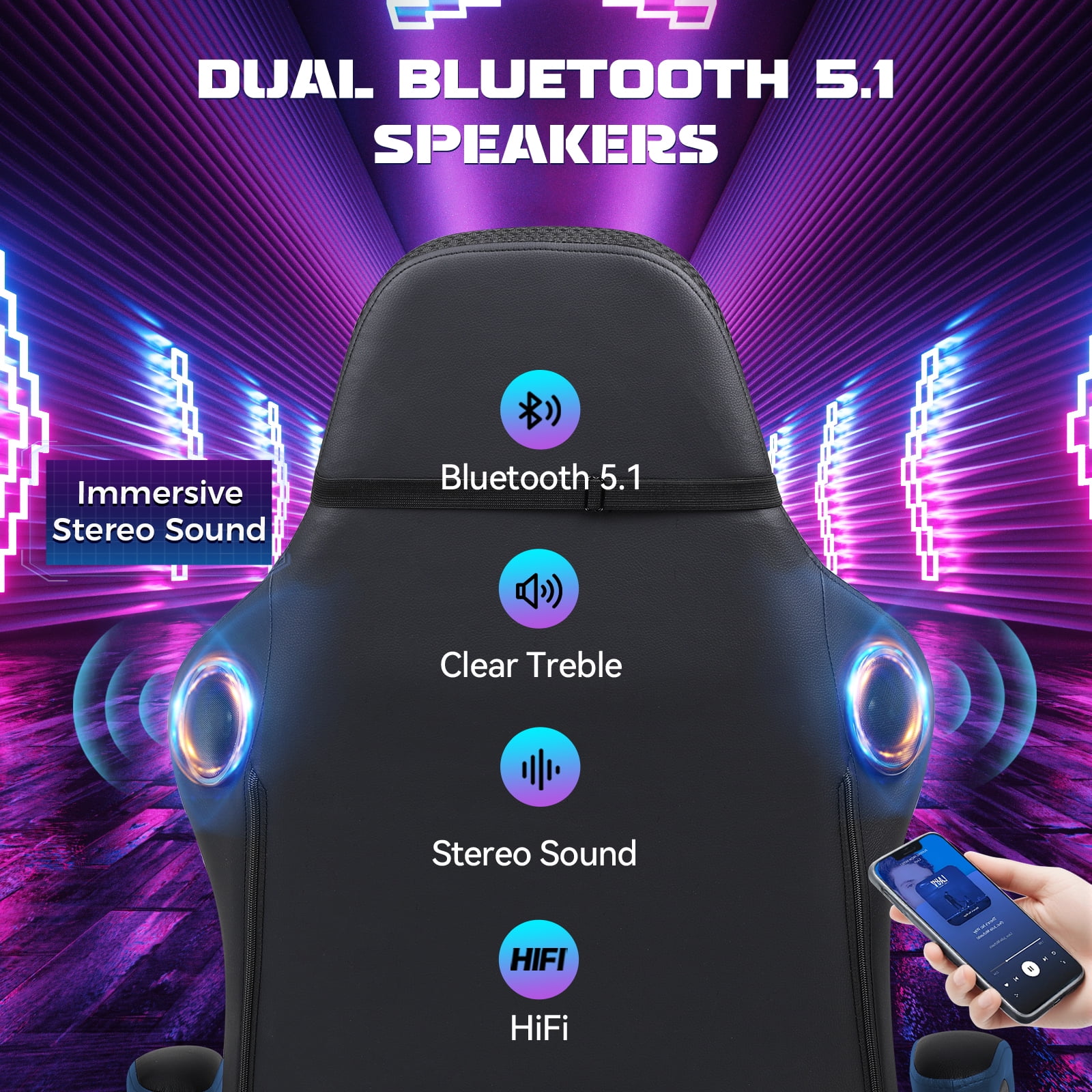 GTPLAYER RGB Gaming Chair with Speakers, Computer Gamer Chair with Footrest and LED Lights, Blue