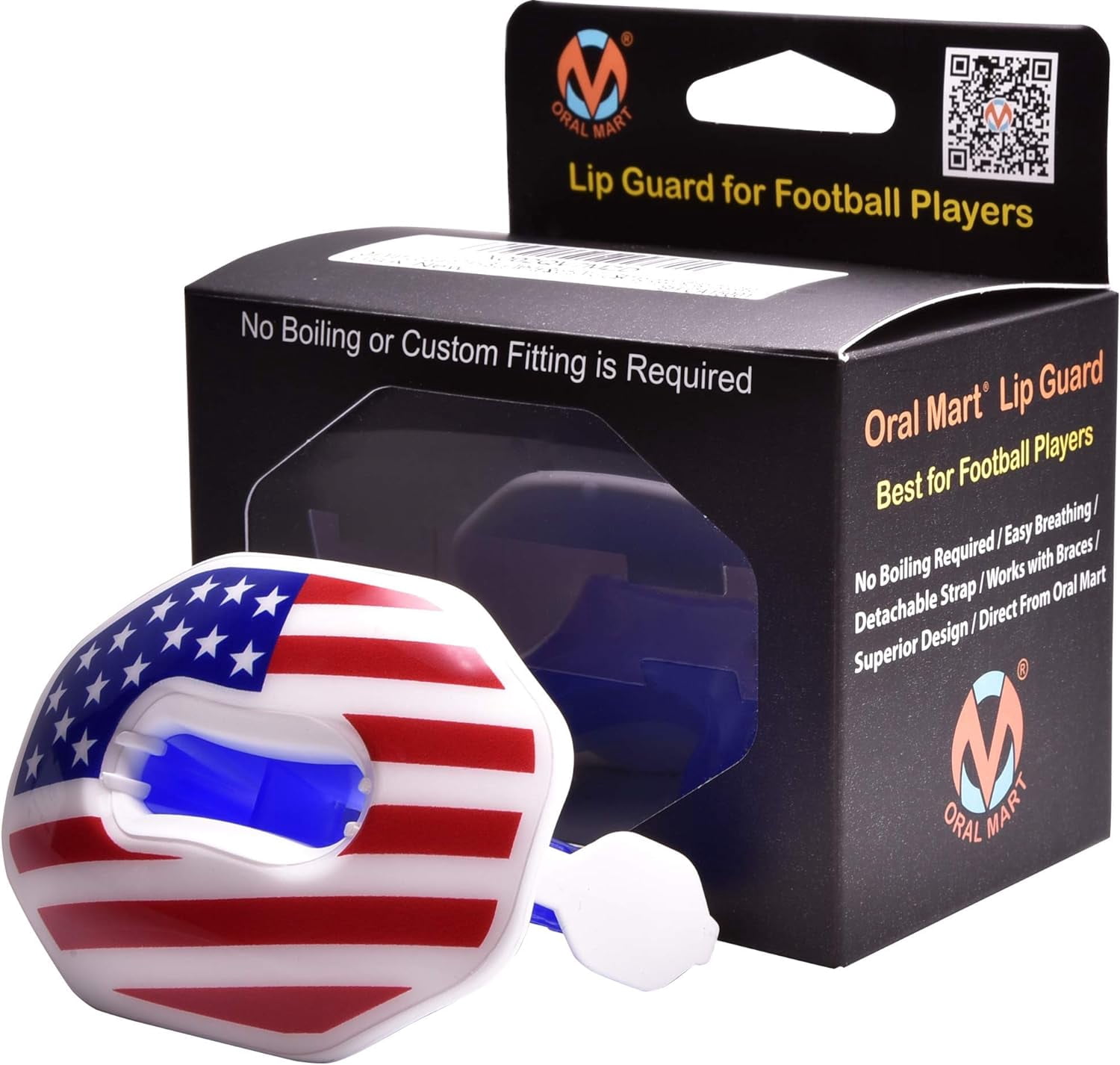 Flag Football Mouth Guard with 3D LipFit Design for Kids - Youth Tackle Football Mouthguard (No Boil) Cool Instant Fit Lip Guard Mouthpiece for Braces (Detachable Helmet Strap Included)