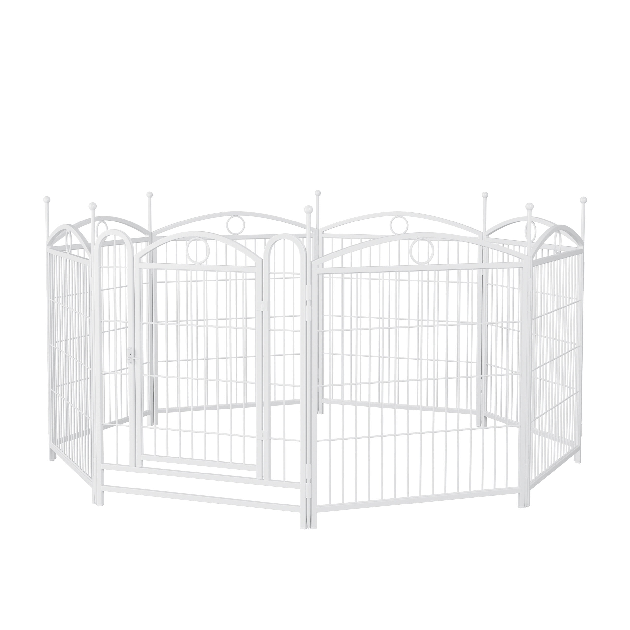 52" White Iron Dog Playpen, 8-Panel Foldable Pet Exercise Pen with Door, 32" Height Fence for Large/Medium/Small Dogs