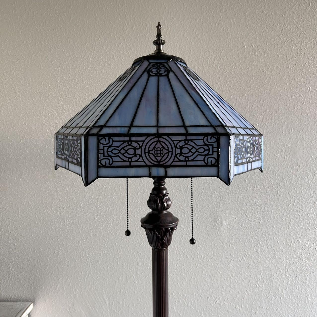 Tiffany Floor Lamp Sky Color Hexagon Stained Glass Mission LED Bulbs Included Pull Chain Switches for Living Room Bedroom 16"W*16"D*64"H