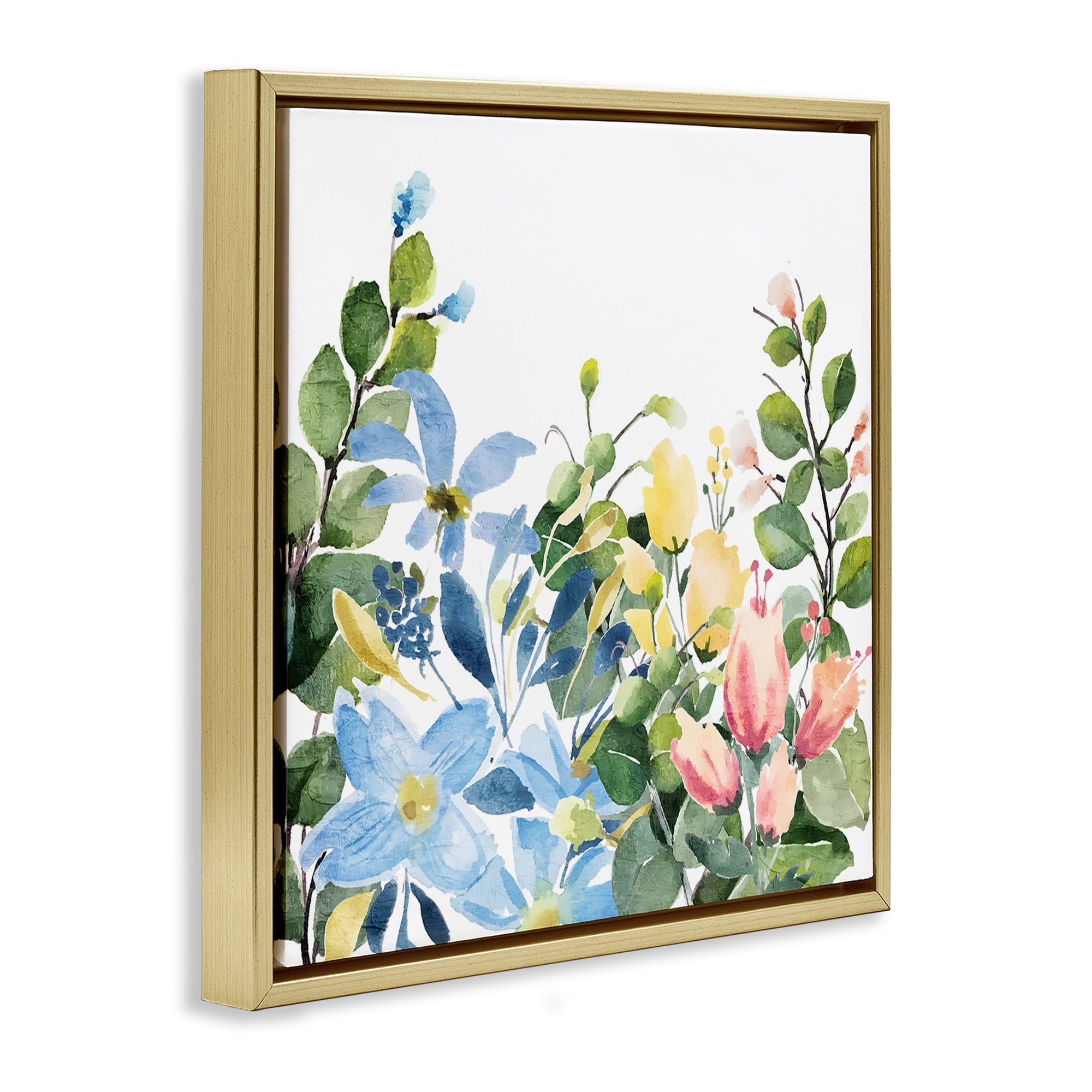 Stupell Industries Leafy Spring Blooms Plants & Flowers Painting Gold Floater Framed Canvas Art Print Wall Art, 25 x 25